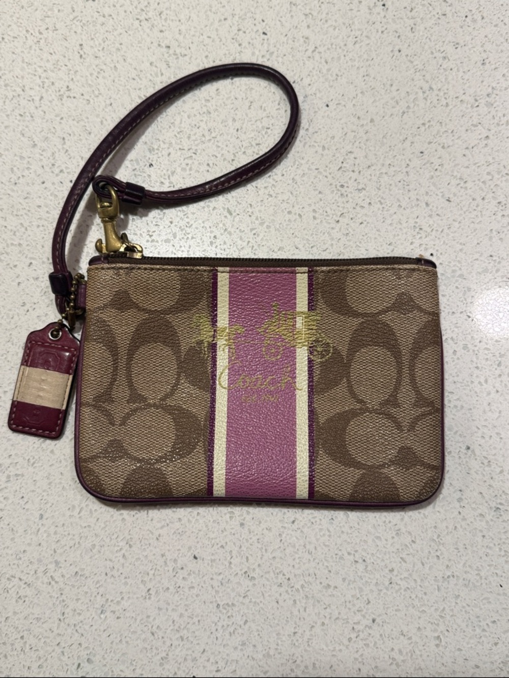 2/$40 🔥 Coach Tan Signature Canvas Wristlet with Pink Stripe and Burgundy Trim